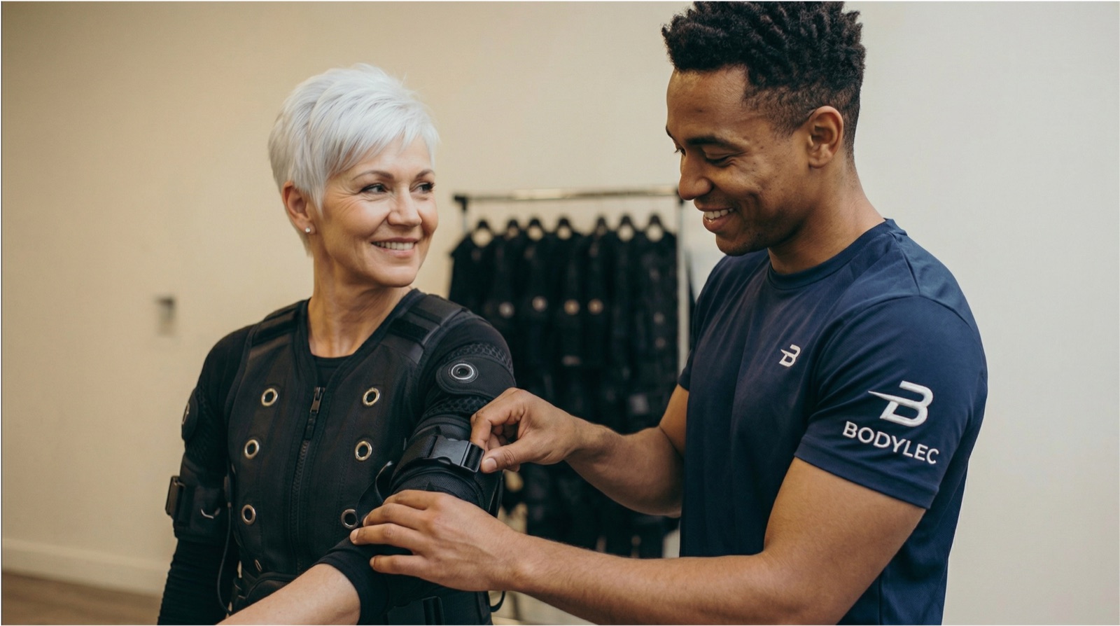 Coach BODYLEC qui ajuste la combinaison EMS d'une cliente souriante lors du bilan personnalisé